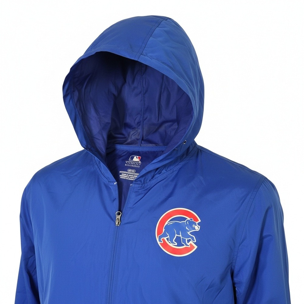 MLB Chicago Cubs Windbreaker Mens Small Blue Red White Quarter Zip Hooded Jacket